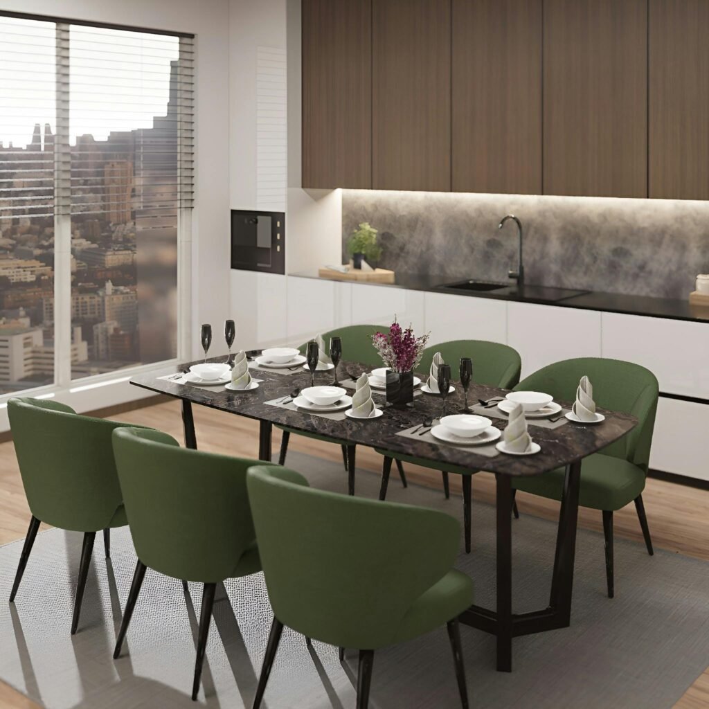 Elegant dining setup in a modern kitchen with a cityscape view.